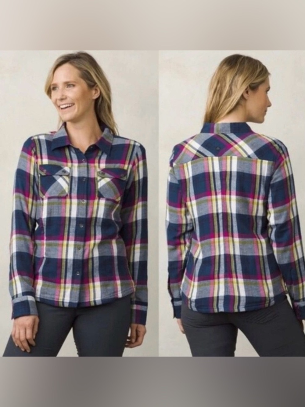 Prana Thermal Lined Shirt Shacket Plaid Long Sleeve Women's M Pink Jacket Snaps